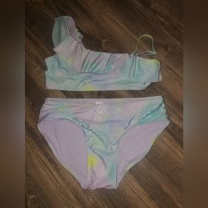 Justice Girls 2 Piece Sz XL 16-18 Ruffle Shoulder Tie Dye Bikini Swimsuit purple